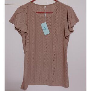 WIHOLL Shirt Womens Size Small Lilac Short Sleeve Scoop Neck Eyelet overall